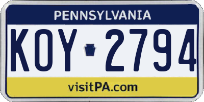 PA license plate KOY2794