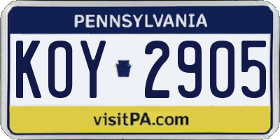 PA license plate KOY2905