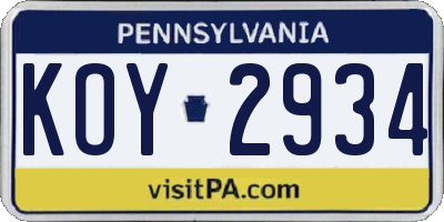 PA license plate KOY2934