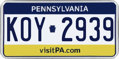 PA license plate KOY2939