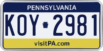 PA license plate KOY2981