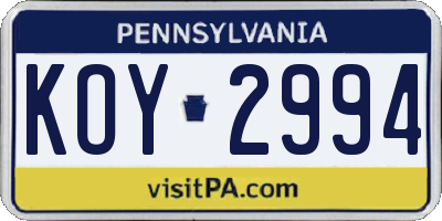 PA license plate KOY2994