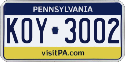 PA license plate KOY3002