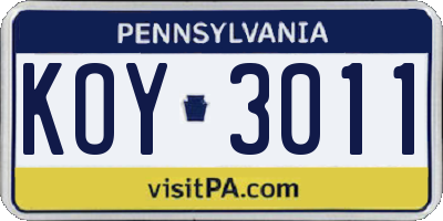 PA license plate KOY3011