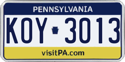 PA license plate KOY3013