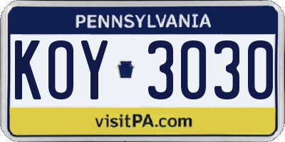 PA license plate KOY3030
