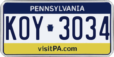 PA license plate KOY3034