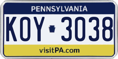 PA license plate KOY3038