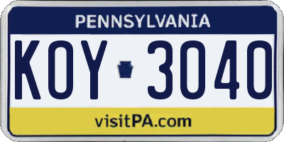 PA license plate KOY3040