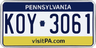 PA license plate KOY3061