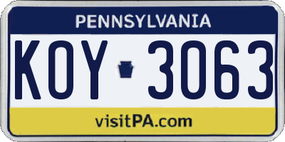 PA license plate KOY3063