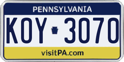 PA license plate KOY3070