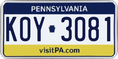 PA license plate KOY3081