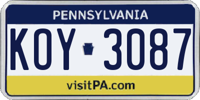 PA license plate KOY3087