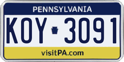 PA license plate KOY3091