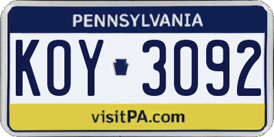 PA license plate KOY3092