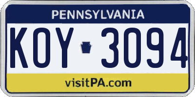 PA license plate KOY3094