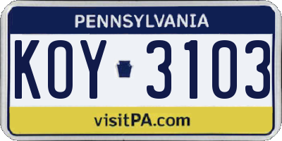 PA license plate KOY3103