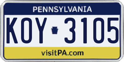 PA license plate KOY3105