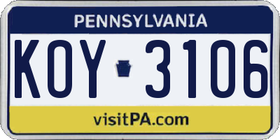 PA license plate KOY3106