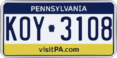 PA license plate KOY3108