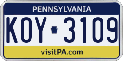 PA license plate KOY3109