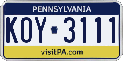 PA license plate KOY3111