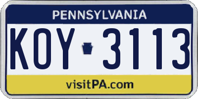 PA license plate KOY3113