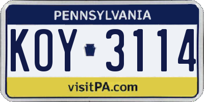 PA license plate KOY3114