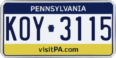 PA license plate KOY3115