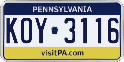 PA license plate KOY3116