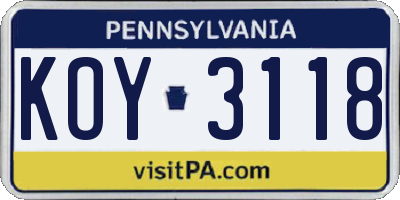 PA license plate KOY3118