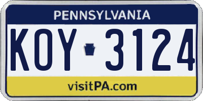 PA license plate KOY3124