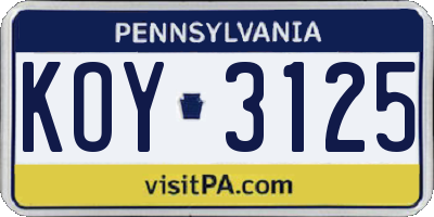 PA license plate KOY3125