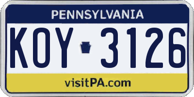 PA license plate KOY3126
