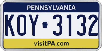 PA license plate KOY3132