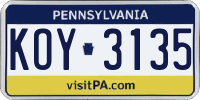 PA license plate KOY3135