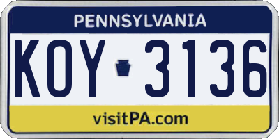 PA license plate KOY3136