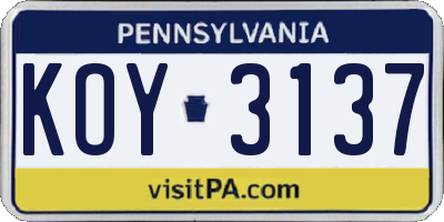PA license plate KOY3137