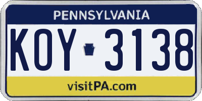 PA license plate KOY3138