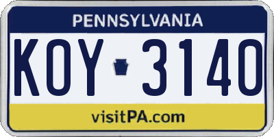 PA license plate KOY3140
