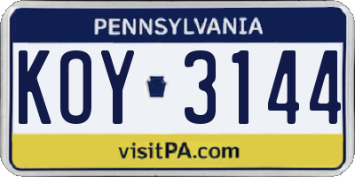 PA license plate KOY3144