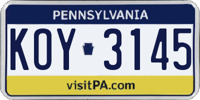 PA license plate KOY3145