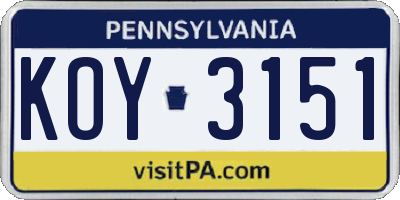 PA license plate KOY3151