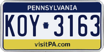 PA license plate KOY3163
