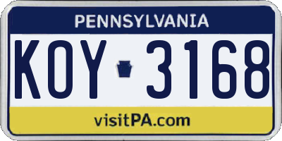 PA license plate KOY3168