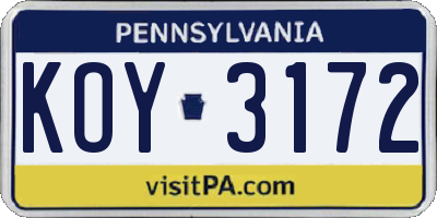PA license plate KOY3172