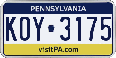 PA license plate KOY3175
