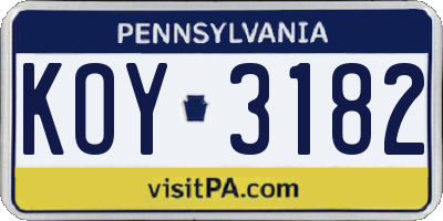 PA license plate KOY3182