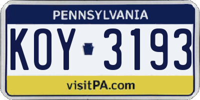 PA license plate KOY3193